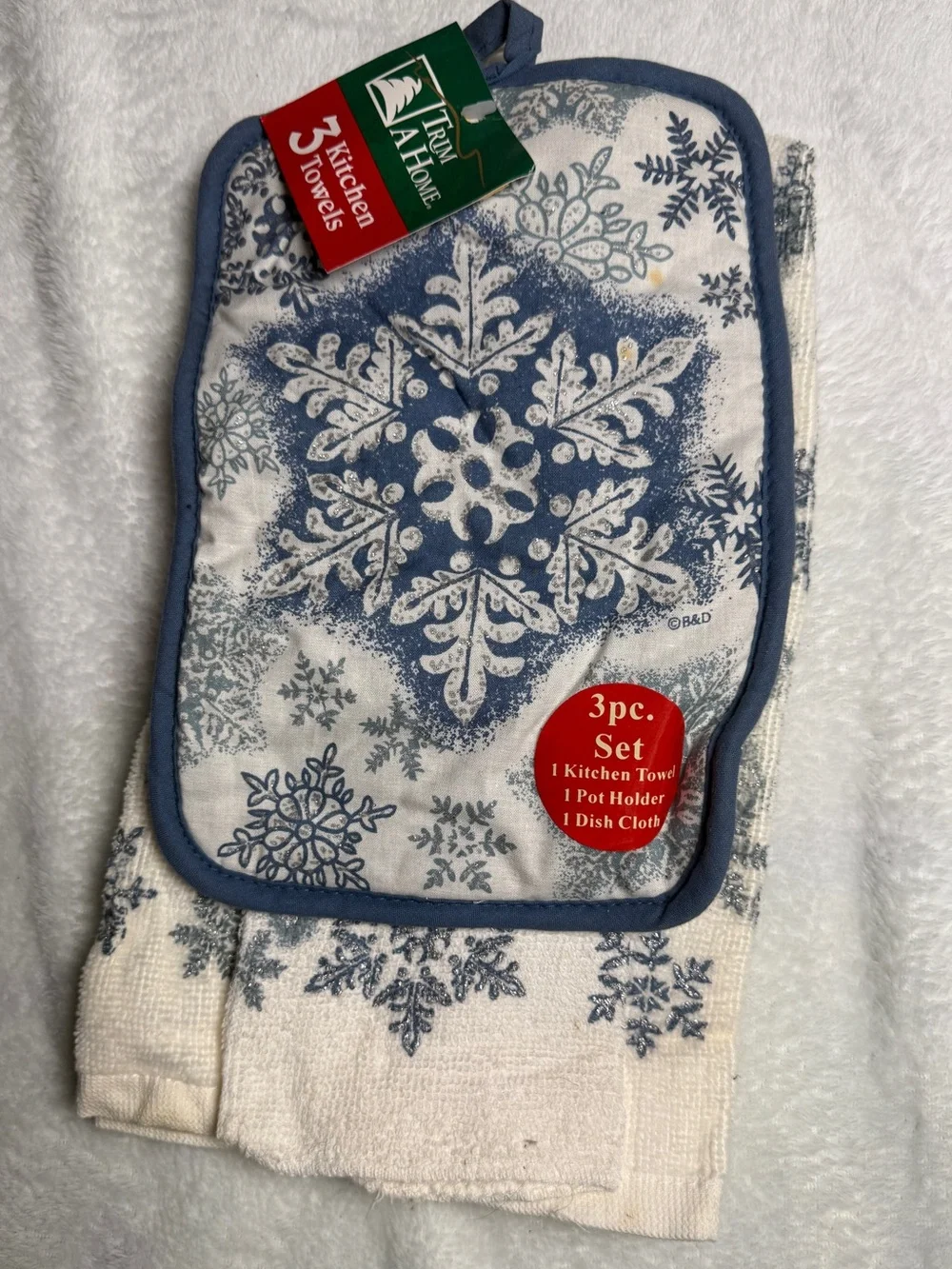 Trim A Home Vintage Blue Snowflake Christmas Kitchen Towel Pot Holder Set NWT